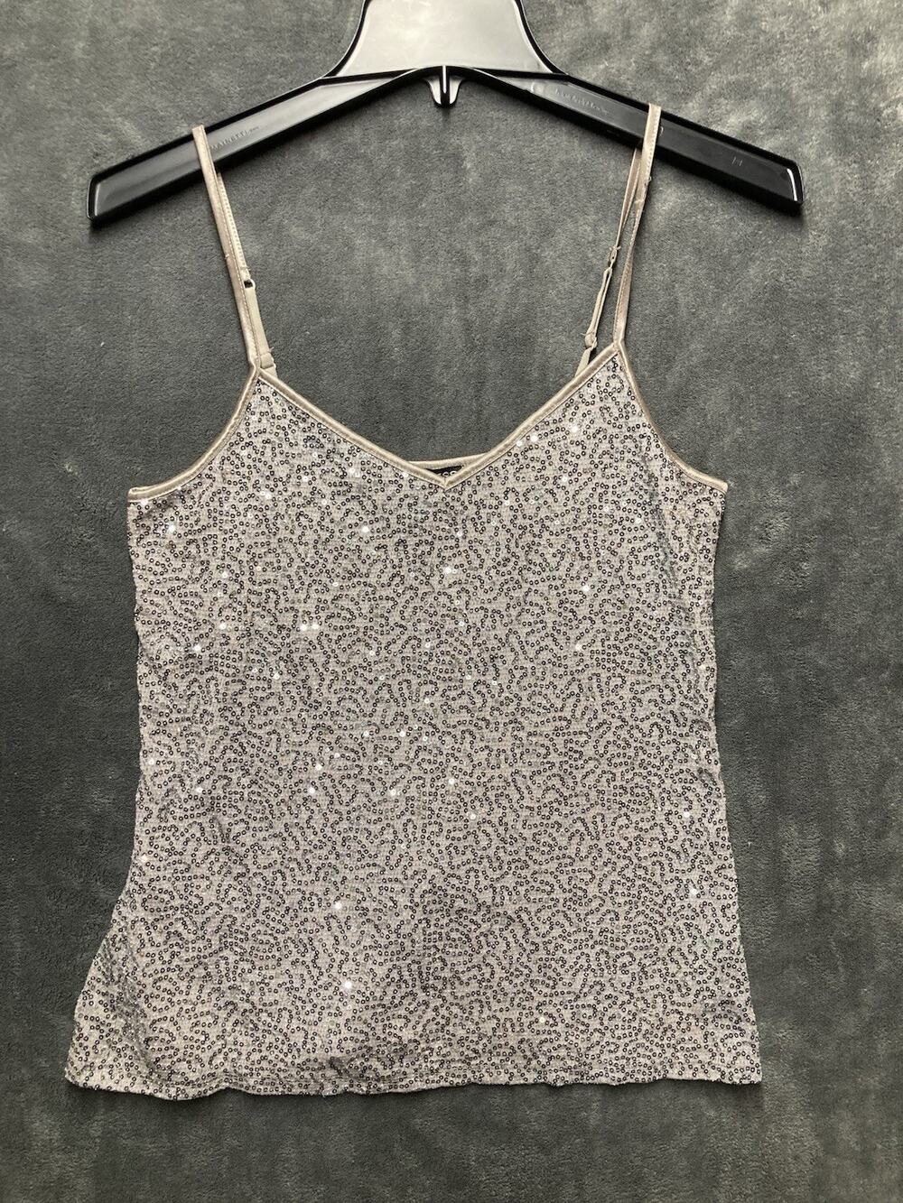 VTG Y2K 90 Express Gray Sequin Silver Shimmer Stretch Cami Tank Top Adjustable M